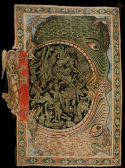 Illuminated D with hellmouth