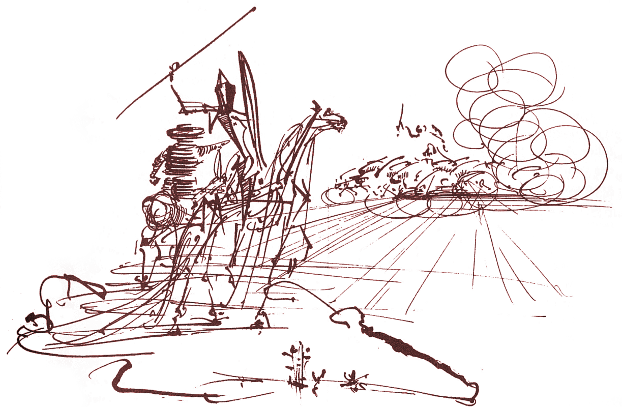 Quixote against dystopia. Line drawing by Salvador Dali.